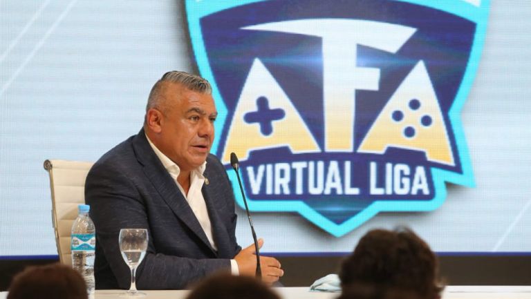 El presidente de la AFA, Claudio Tapia, durante la presentación de la Virtual Liga