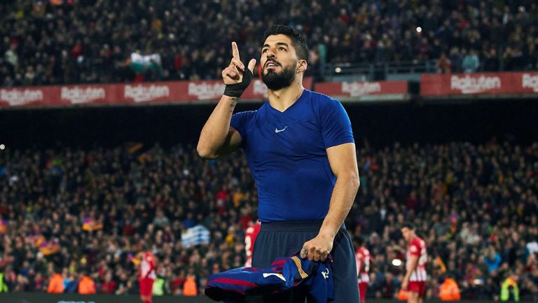 Luis Suárez festeja gol contra el Atlético de Madrid 