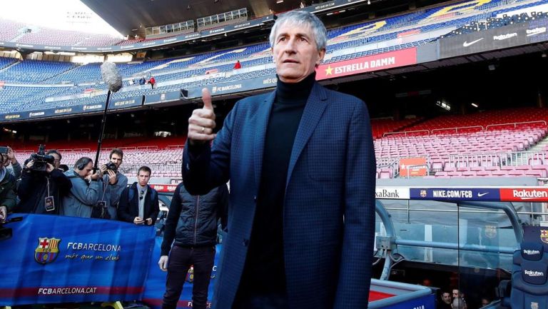 Quique Setién durante su presentación en el Camp Nou 