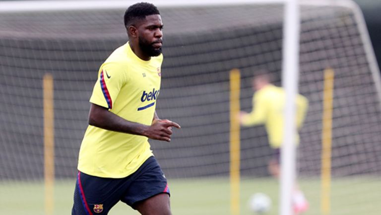 Samuel Umtiti durante un entrenamiento con el Barcelona 