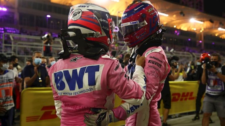 Stroll y Checo Pérez celebran tras GP de Sakhir