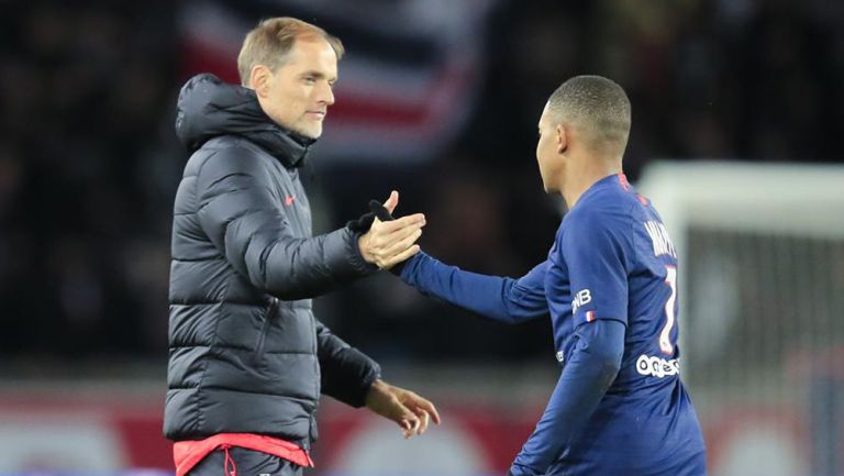 Mbappé y Tuchel tras una victoria del PSG 