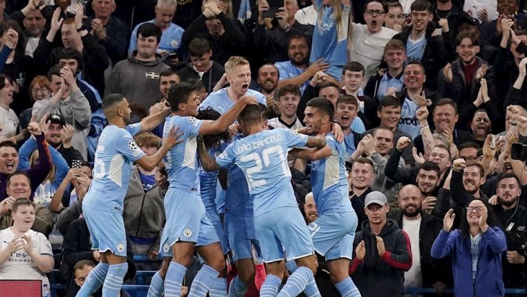 Jugadores del City celebrando un gol vs el Leipzig