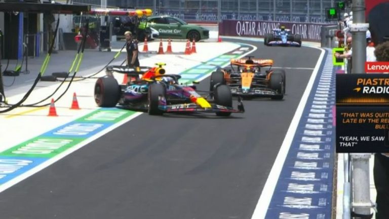 Momento en que Checo casi impacta con Oscar Piastri