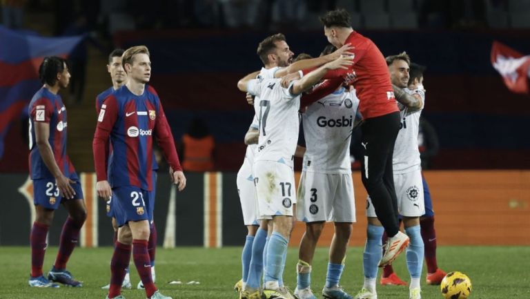 El Girona celebra la victoria ante el Barça